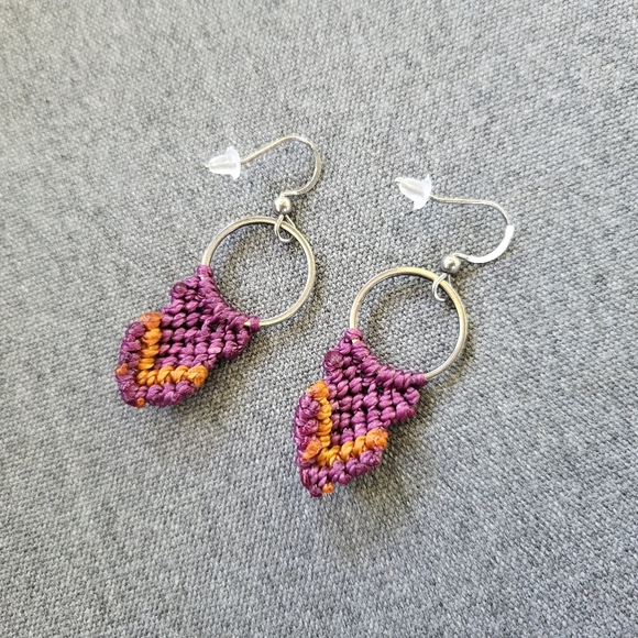 New Handmade Micro- Macrame Earrings- purple and burnt orange - Picture 2 of 4